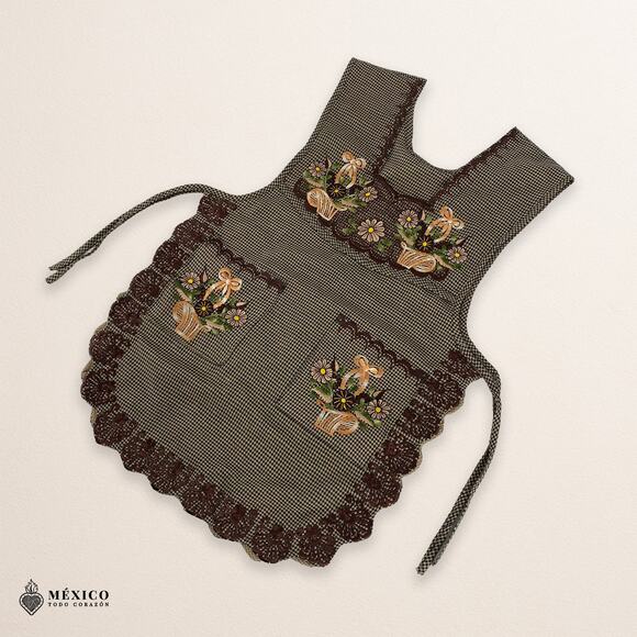 Brown Mexican Embroidered Smock Apron – Floral Traditional Design for Women - Picture 7 of 8